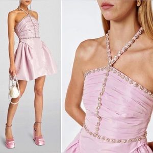 NWOT Self Portrait Diamanté Trim Lilac Taffeta Halter Mini Dress 2 XS Purple